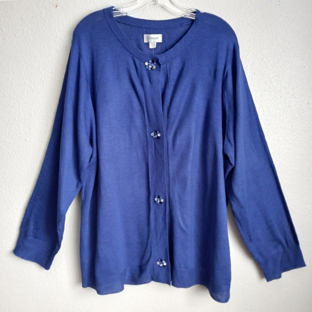 Avenue Cardigan Women's Size 22/24 Blue Bling Buttons Art To Wear